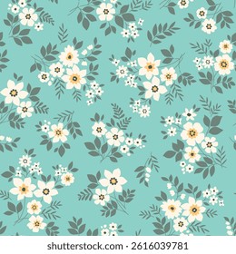 Vector seamless pattern. Vintage pattern in small flowers. Small  white flowers. Light gray blue background. Ditsy floral background. Delicate summer template for fashion textile prints. Stock print