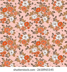 Vector seamless pattern. Vintage pattern in small roses flowers. Small white and orange flowers. Pink background. Liberty floral background. Trendy hand drawn template for fashion prints. Stock vector
