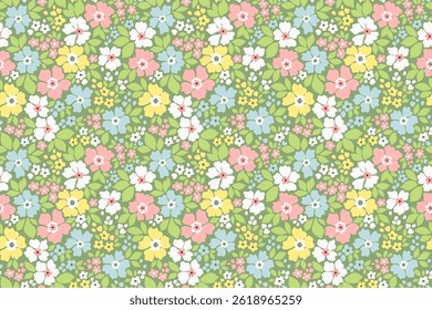 Padrão sem emenda do vetor. Padrão vintage em flores pequenas. Pequenas flores de cores pastel. Fundo verde. Ditsy fundo floral. Modelo de Páscoa delicado para estampas têxteis de moda. Vetor de estoque.