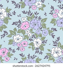 Padrão sem emenda do vetor. Padrão vintage em flores pequenas. Pequenas flores brancas, cor-de-rosa e brancas. Fundo azul claro. Ditsy fundo floral. Modelo de verão delicado para impressões têxteis de moda. 