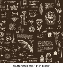 Vector seamless pattern in vintage style on theme of alchemy, magic, witchcraft and mysticism with sketches, various esoteric and occult symbols. The Latin words Spirit, Land, Secret, Interior, Stone