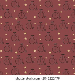 Vector seamless pattern in vintage style with circus attributes, bicycle, light yellow stars in deep red background.