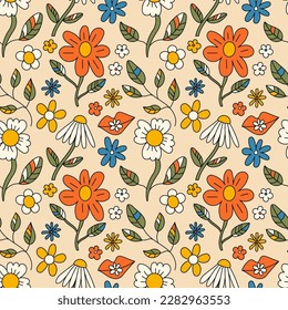Vector seamless pattern with vintage style flowers on pink background. Groovy design for fabric and paper, surface textures.