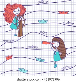 Vector seamless pattern in Vintage style in notebook. Lovely girls and paper boats hand-drawn in a cartoon style. Romantic illustration with cute characters.