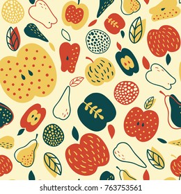 vector seamless pattern in vintage style, beautiful apples in autumn colors