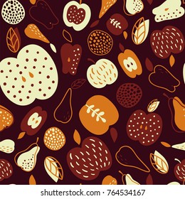 vector seamless pattern in vintage style, beautiful apples in brown colors
