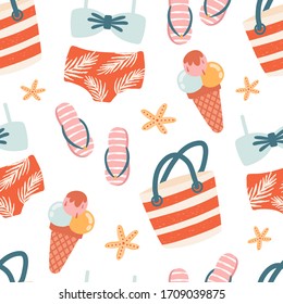 Vector seamless pattern with vintage summer beach accessories