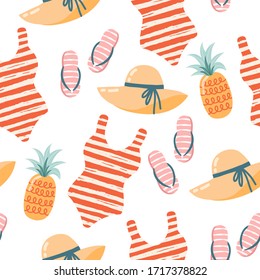 Vector seamless pattern with vintage summer beach accessories