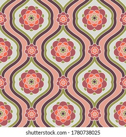 Vector seamless pattern of a vintage wallpaper background, colorful, 70s style, geometric flowers and waves