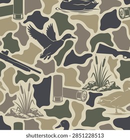Vector seamless pattern of vintage waterfowl duck hunting camouflage with flying mallards, shotgun shells, and cattail silhouettes
