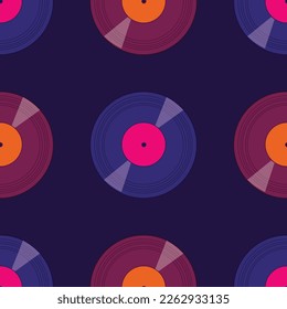 Vector seamless pattern with vinyl discs. Retro style, dark colors. Wallpaper, background, paper or textile print