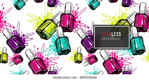 Vector seamless pattern with violet, aqua, magenta, lemon nail polish for manicure. Paint brush strokes art design. Fashion illustration, beauty salon, uniform concept.