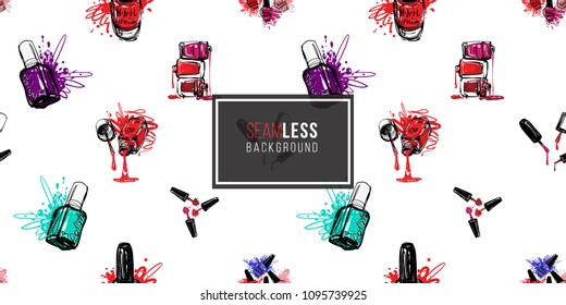 Vector seamless pattern with violet, aqua blue, red nail polish bottles, nails polish brushes. Paint brush strokes art design. Fashion illustration, beauty salon, uniform concept.