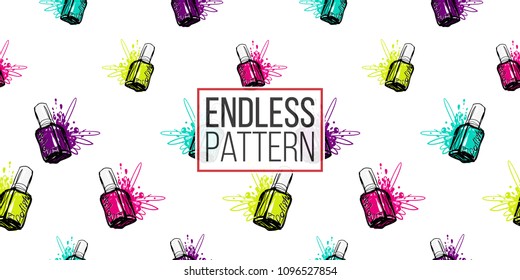 Vector seamless pattern with violet, aqua, magenta, lemon nail polish for manicure. Paint brush strokes art design. Fashion illustration, beauty salon, uniform concept.