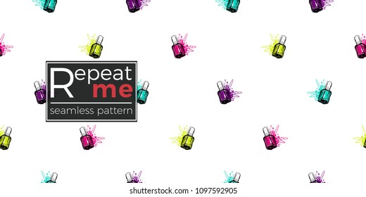 Vector seamless pattern with violet, aqua, magenta, lemon nail polish for manicure. Paint brush strokes art design. Fashion illustration, beauty salon, uniform concept.