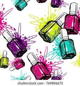 Vector seamless pattern with violet, aqua, magenta, lemon nail polish for manicure. Watercolor art graphic icons on white background. Fashion illustration, beauty salon, uniform concept.