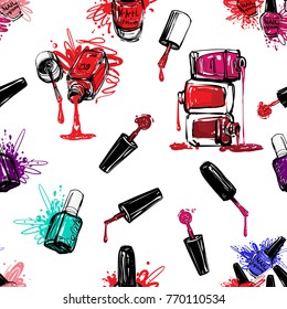 Vector seamless pattern with violet, aqua blue, red nail polish bottles, nails polish brushes. Watercolor art graphic icons on white background. Fashion illustration, beauty salon, uniform concept.