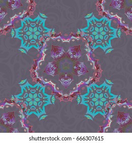 Vector seamless pattern with violet and blue vintage ornaments.