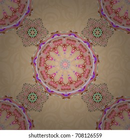 Vector seamless pattern of violet, brown and pink mehndi. Traditional indian style, ornamental abstract elements for henna tattoo, printing, stickers, mehndi, yoga design.