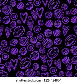 Vector seamless pattern with violet chalk drawing hearts and circles. Perfectly for wrapping paper, bed linen, textile, fabric, cover, wallpaper, fashion design, kids clothing.