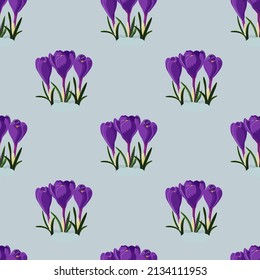 Vector seamless pattern violet crocus flowers with leaves.  Gardening and spring illustration for background, textile, poster, scrapbooking, set of stickers, greeting cards, party invitations, tags.