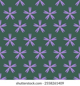 Vector Seamless Pattern with Violet Flowers on a Green Background.