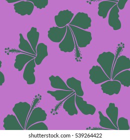 Vector seamless pattern with violet and green hibiscus. Seamless flower pattern. Floral background in violet and green colors. Seamless floral pattern.
