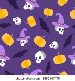 Vector seamless pattern violet halloween for flyer, poster, wrapping for holiday or all saints eve party.  Purple illustration of a skull, witch hat, bat and pumpkin for Halloween.