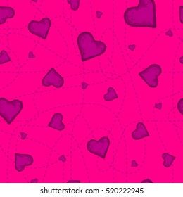 The vector seamless pattern of the violet heart on purple background.