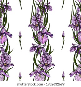 Vector seamless pattern with violet iris flowers and green leaves. Isolated buds and floral lines. Design with hand drawn elements for textile, wallpaper, wrapping paper. 