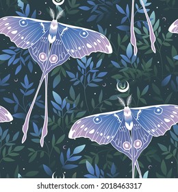 Vector seamless pattern with violet moon moth and herbs. Contemporary composition. Trendy texture for print, textile, packaging.