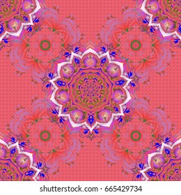 Vector seamless pattern of violet, pink and green mehndi. Traditional indian style, ornamental abstract elements for henna tattoo, printing, stickers, mehndi, yoga design.