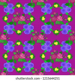 Vector seamless pattern in violet, purple and green colors. Beautiful watercolor rose flowers and green leaves, bright painting inspired floral print.