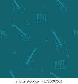 Vector seamless pattern with violins, guitars, piano keyboard and notes. Turquoise colors