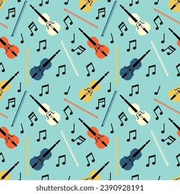 Vector seamless pattern with violins for printing on clothing, packaging, notepads and other purposes. Colorful abstract image with fiddle. Vector illustration