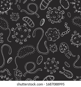 vector seamless pattern, viruses and bacteria on a dark black background