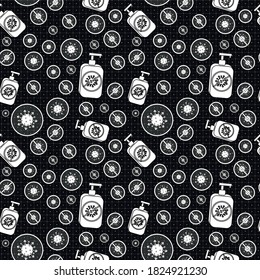 vector seamless pattern of viruses and disinfection with viruses that are killed, on white black background like squared paper with green lines and dots