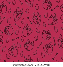 Vector seamless pattern with viva magenta stylized human hearts, cupid arrows and blood droplets. Ideal for pop gothic inspired fabric and wallpaper, Valentine's Day gifts. 