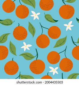 Vector seamless pattern with vivid oranges with leaves and flowers with a bright summer sky background