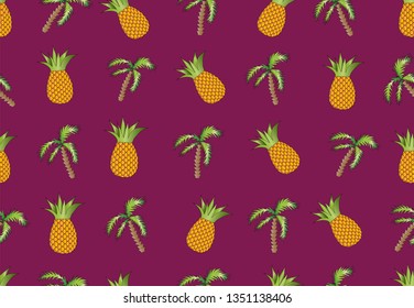 Vector seamless pattern with vivid pineapples and tropical palms.