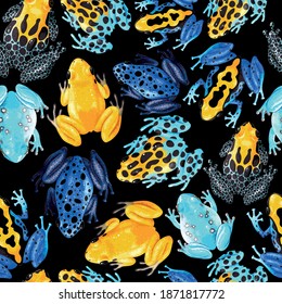 Vector seamless pattern with vivid tropical frogs on black background