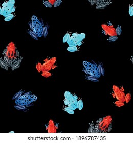 Vector seamless pattern with vivid tropical frogs