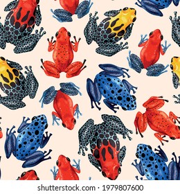 Vector seamless pattern with vivid tropical frogs