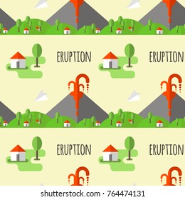 Vector seamless pattern volcanic eruption. Smoke and lava from the crater, the village and trees at the foot. Used for postcards, websites, posters, wallpapers, wrapping paper.