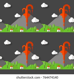 Vector seamless pattern volcanic eruption. Smoke and lava from the crater, the village and trees at the foot. Used for postcards, websites, posters, wallpapers, wrapping paper.