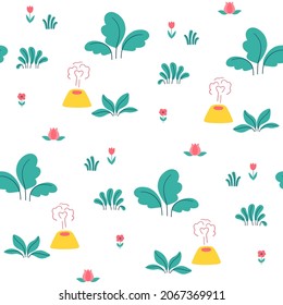Vector seamless pattern with volcano, leaves, flowers on a white background