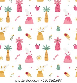 Vector seamless pattern with volcano palm cactus comet falling star and sun