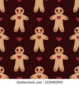 Vector seamless pattern with voodoo dolls on dark red background. Halloween background for greeting card, gift box, wallpaper, fabric, textile, package, web design.