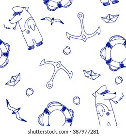 Vector seamless pattern with voyage elements: anchor, captain, paper boat, sea shell, dull, lifebuoy. Can be used for wallpapers, web page backgrounds. Cute drawing