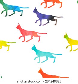 Vector seamless pattern with walking cats silhouettes filled with watercolor. Beautiful design elements.